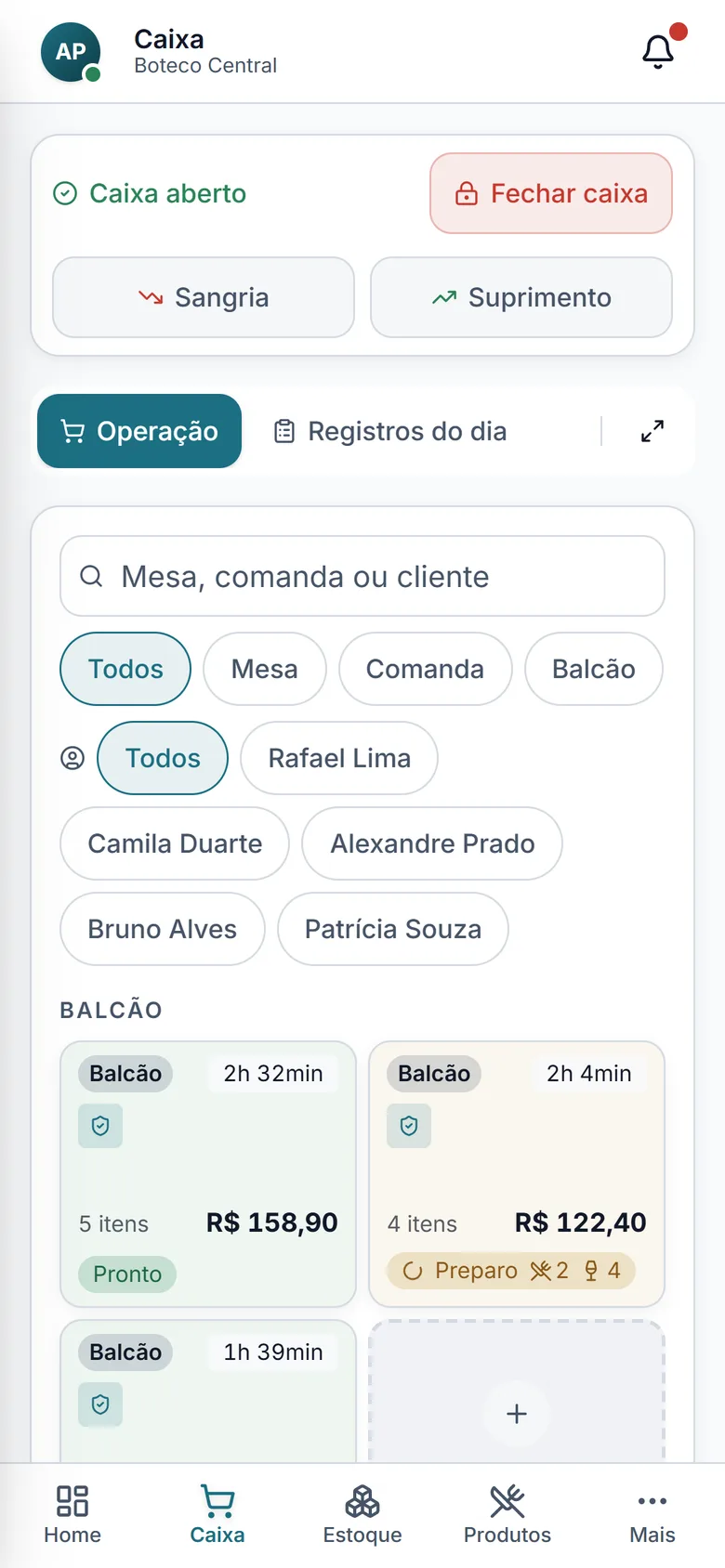 Caixa do Abacus no celular, com mesas e comandas abertas
