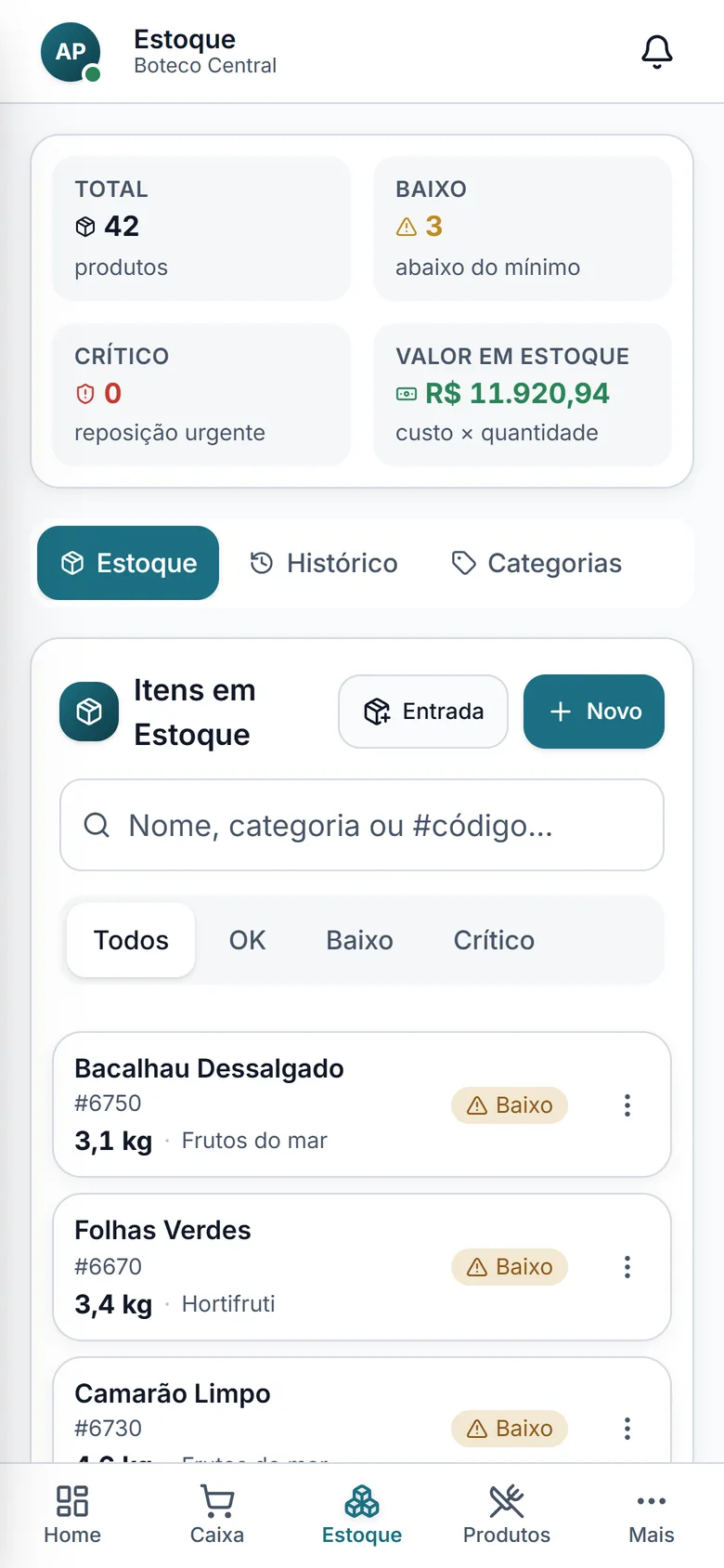 Controle de estoque do Abacus no celular, com níveis críticos