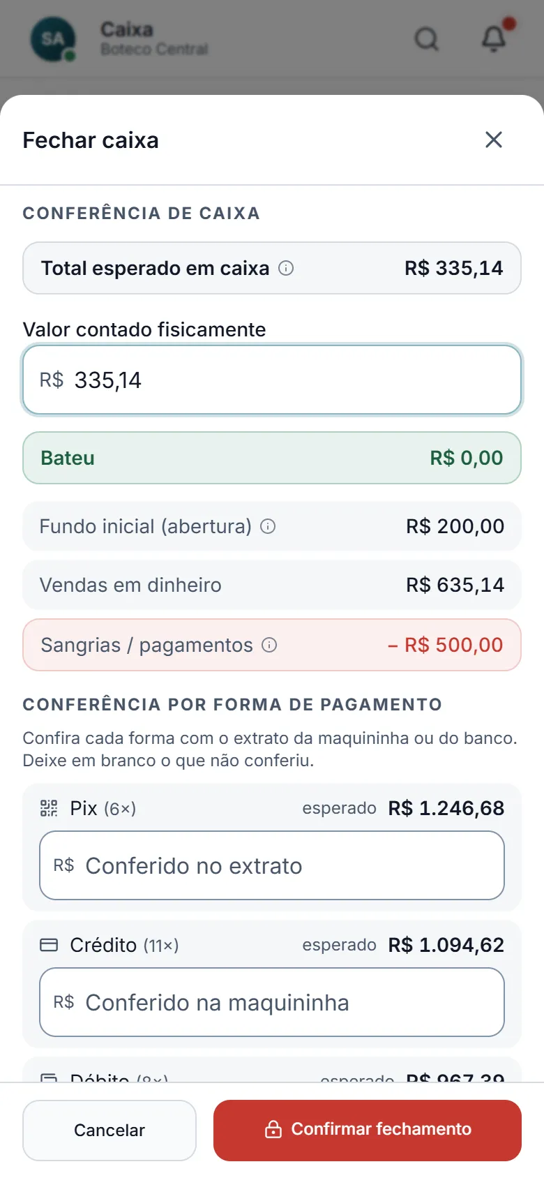 Fechamento de caixa no Abacus, com o esperado, o contado e a diferença