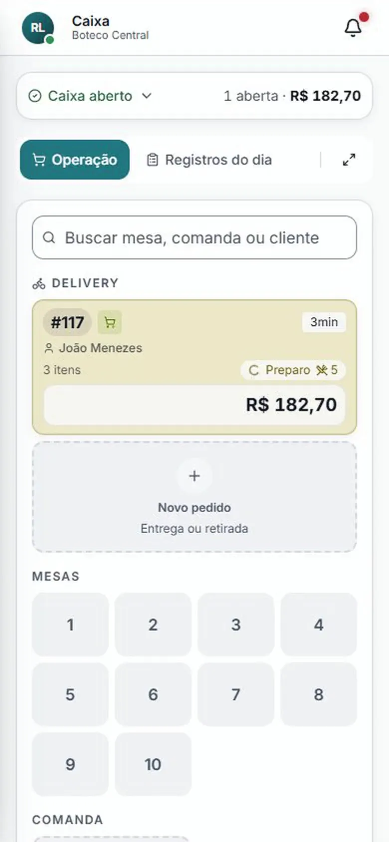 Pedido feito pelo QR Code da mesa chega ao caixa do Abacus e é aceito com um toque
