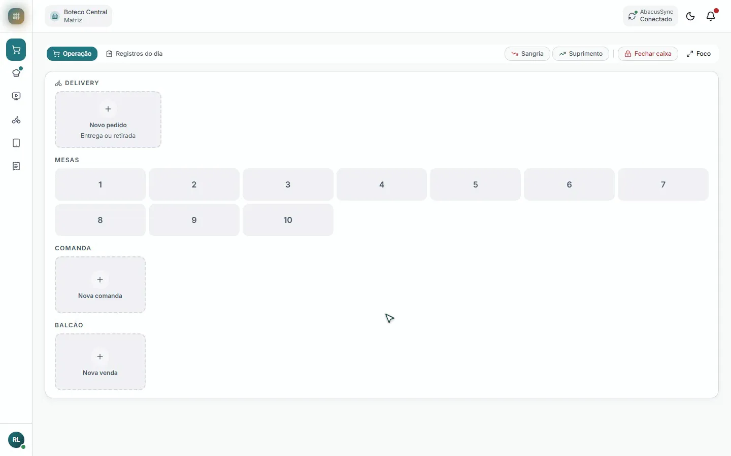 Venda de balcão no Abacus: dois itens, envio para a cozinha e pagamento em Pix