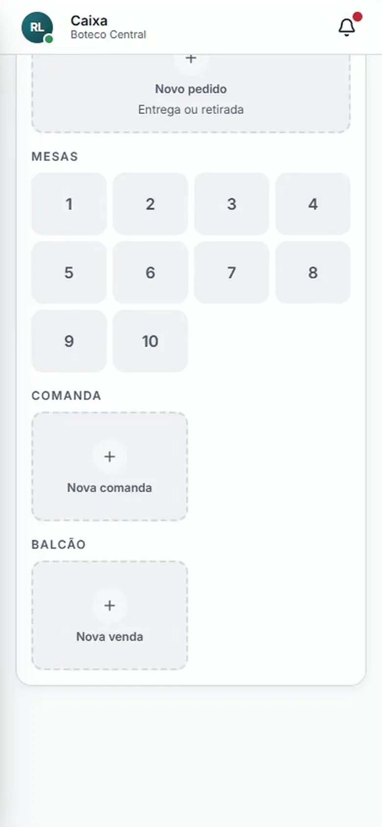 Venda de balcão no Abacus: dois itens, envio para a cozinha e pagamento em Pix