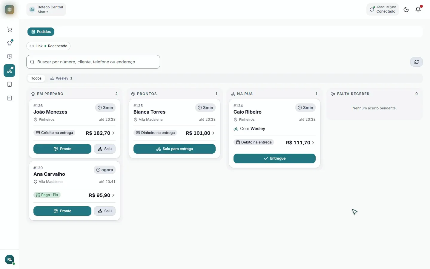 Delivery no Abacus: o pedido fica pronto e sai para entrega com o entregador escolhido