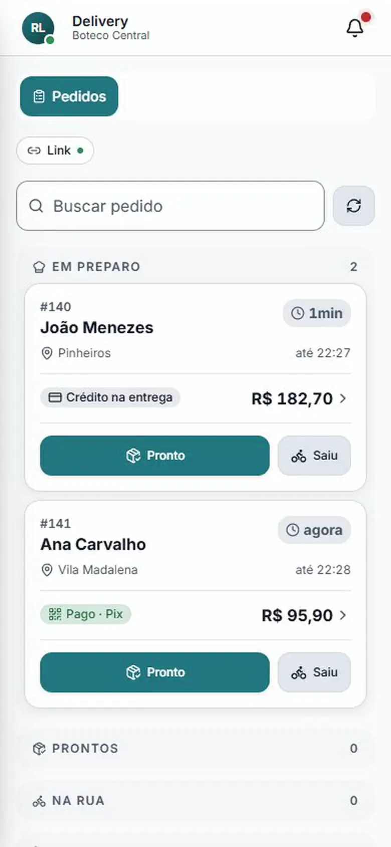 Delivery no Abacus: o pedido fica pronto e sai para entrega com o entregador escolhido