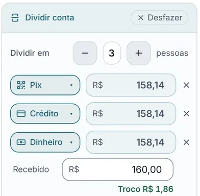 Conta de uma mesa no caixa do Abacus dividida em três: Pix, crédito e dinheiro com troco