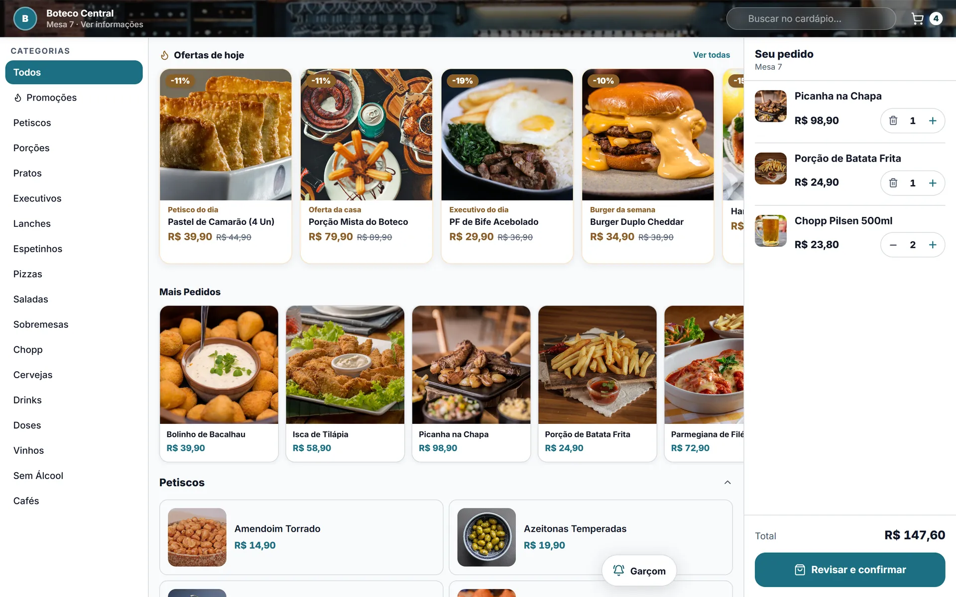 Cardápio digital do Abacus aberto no celular do cliente, com fotos, preços e ofertas