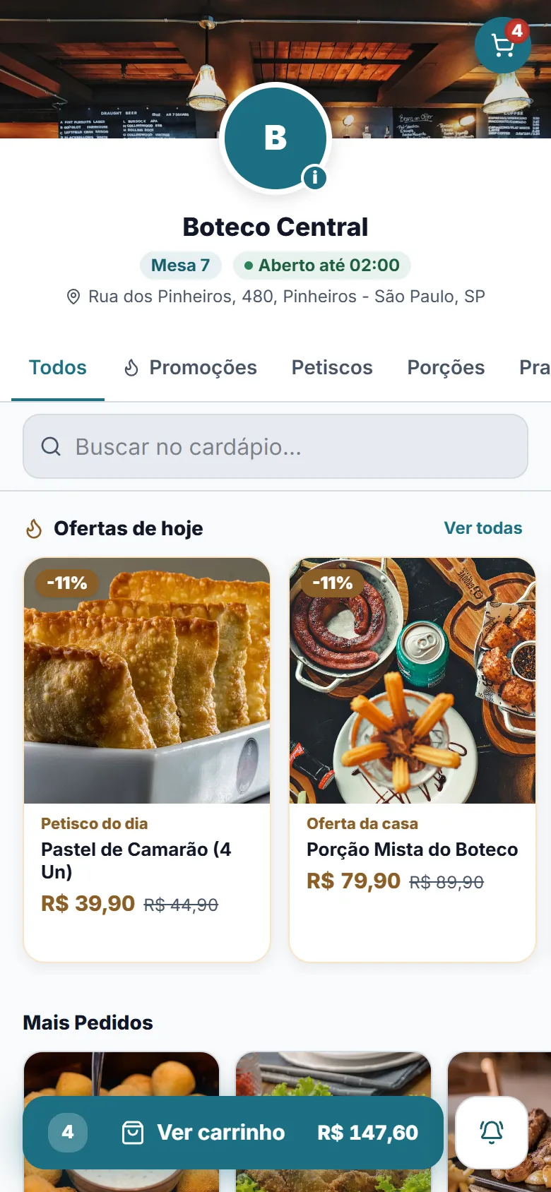 Cardápio de delivery do Abacus no celular do cliente